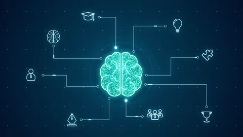 Blue digital brain LOGO with line connection and data transfer to futuristic Stock Footage 235621031