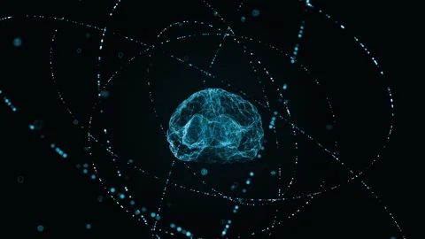 Blue digital brain logo with particle ring circle rotation and ai technology Stock Footage 252132398