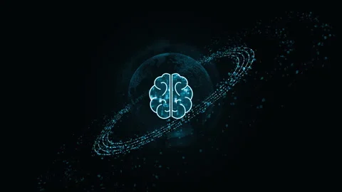 Blue digital brain logo with particle ring circle rotation and ai technology Stock Footage 254087231