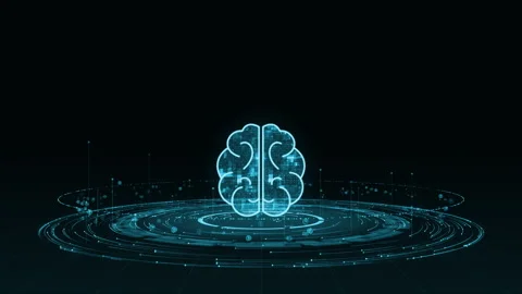 Blue digital brain logo with particle ring circle rotation and ai technology Stock Footage 256233618