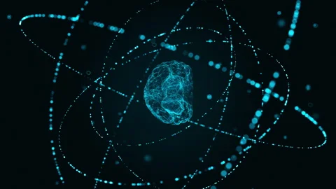 Blue digital brain logo with particle ring circle and ai technology icon Stock Footage 265480171