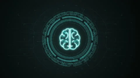 Blue digital brain logo with rotation HUD circle technology interface Stock Footage 237875494