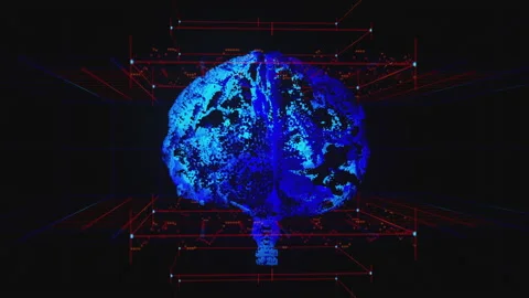 Blue Digital Brain spinning in a box Stock Footage 234106849