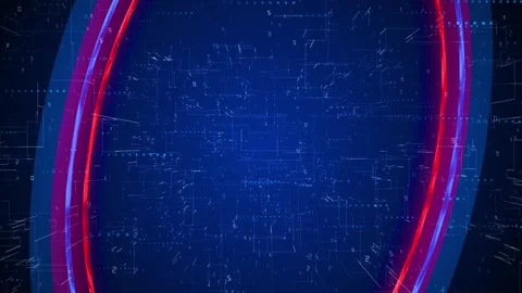 Blue digital circuit background red curved arcs, code marks, and futuristic inte Stock Footage 340419490