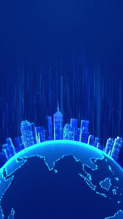 Blue digital city globe glowing skyline, data rain, dotted earth surface, and fu Stock Footage 340526831