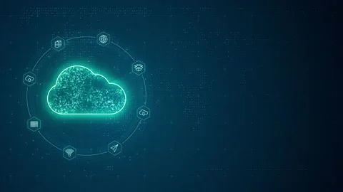 Blue digital cloud computing with line connection and data transfer Stockbeeldmateriaal 235621316