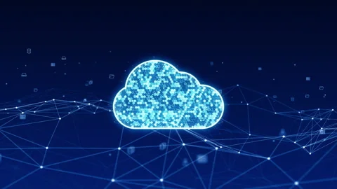Blue digital cloud computing logo with technology icon levitation Stock Footage 168882986