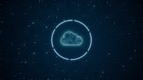 Blue digital cloud computing logo and futuristic technology circle HUD Stock Footage 238917405