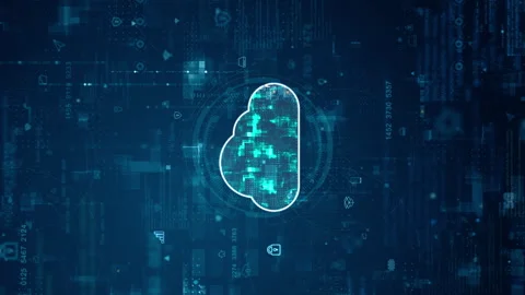 Blue digital cloud computing logo and futuristic circle HUD with big data Stock Footage 247258522