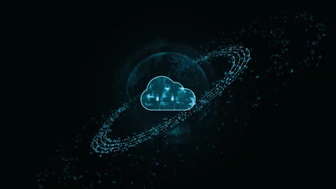 Blue digital cloud computing logo with particle ring circle rotation Stock Footage 255460677