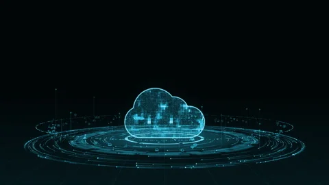 Blue digital cloud computing logo with particle ring circle rotation 스톡 동영상 257514825