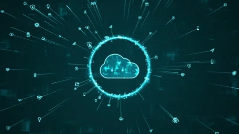 Blue digital cloud computing logo and ring rotation around logo with ai icons Stockbeeldmateriaal 268255532