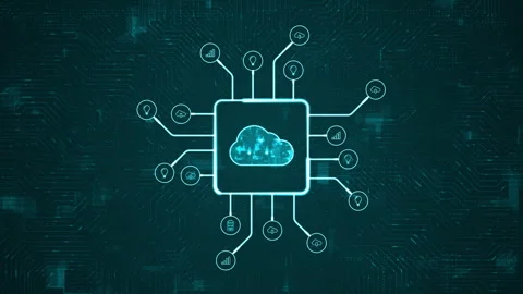 Blue digital cloud computing logo and futuristic HUD technology circuit board Stockbeeldmateriaal 282195613