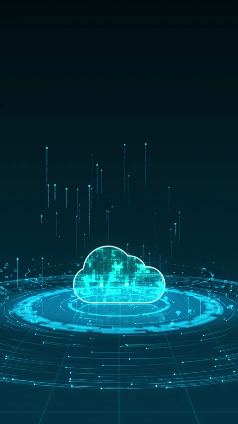 Blue digital cloud computing logo with particle ring circle rotation Stock Footage 285871884