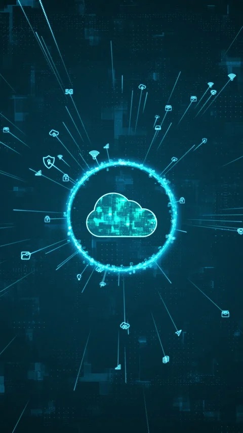 Blue digital cloud computing logo and ring rotation around logo with ai icon Stock Footage 292359187