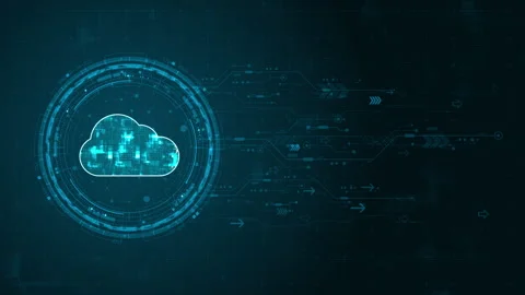 Blue digital cloud computing logo and circle futuristic HUD elements with flowin Stock Footage 308800219