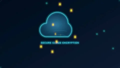 Blue digital cloud computing symbol featuring floating yellow padlock icon .. 库存影片 341973286