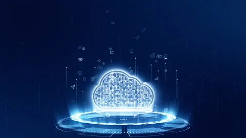 Blue digital cloud logo with futuristic technology circle rotation Stock Footage 158069376