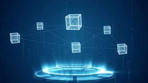 Blue digital connection cube with futuristic circle rotation and cube icon Stockbeeldmateriaal 176673967
