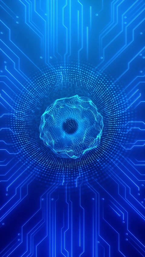 Blue digital core circuit glowing particle sphere, binary tunnel pattern, and el Stock Footage 340567411