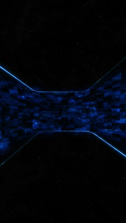 Blue digital corridor wall curved pixel panels, glowing edge lines, dark depth, Stock Footage 340479708