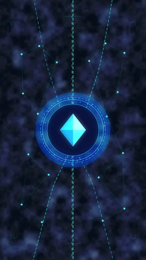 Blue digital crystal interface with glowing data lines and neon network nodes Stock Footage 348325397