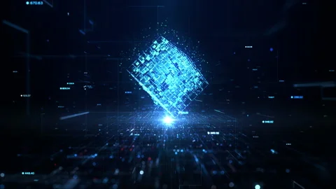 Blue Digital Cube Circle Rotation, Technology and Metaverse Stock Footage 201526085