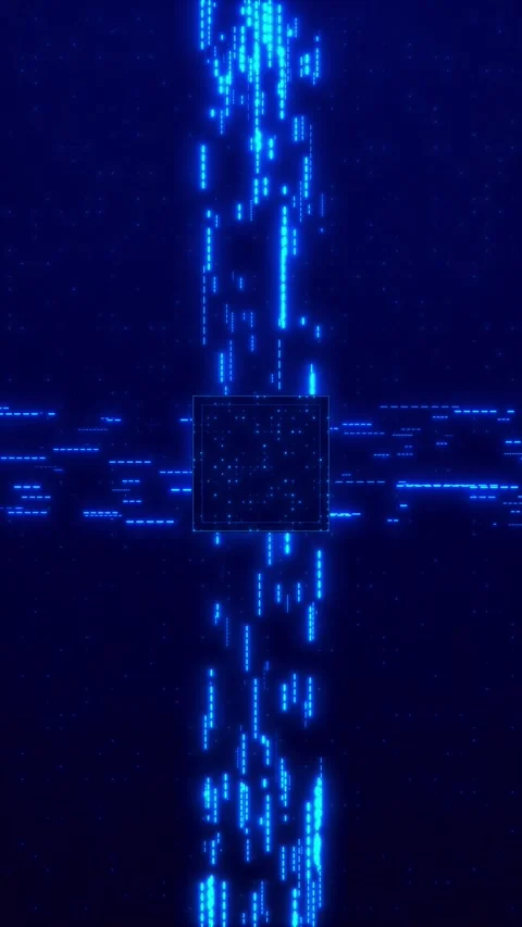 Blue digital cube data glowing square frame, vertical light streams, dotted matr Stock Footage 340570736