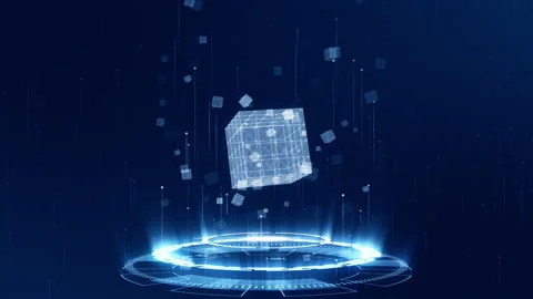 Blue digital cube with futuristic circle rotation and cube icon levitation Stock Footage 169937059