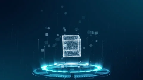 Blue digital cube with futuristic circle rotation and cube icon levitation Stock Footage 169937092