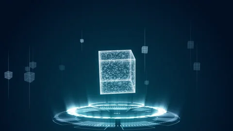Blue digital cube with futuristic circle rotation and cube icon levitation Stock Footage 170381802