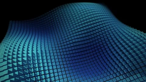 Blue digital cube surface ripples in fluid motion on black background for t.. Video stock 345003010