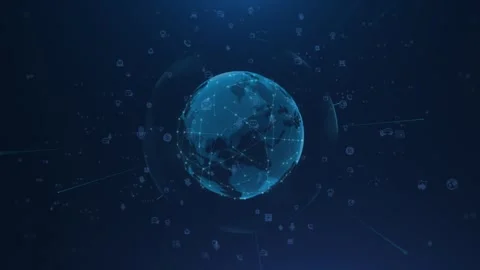 Blue digital cursor composed of e-commerce categories and social media icons Stock Footage 254064098