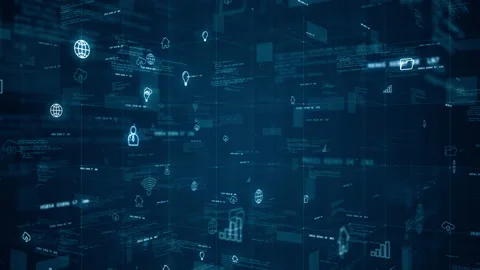 Blue digital cyberspace and technology icon with program code Stockbeeldmateriaal 219560730