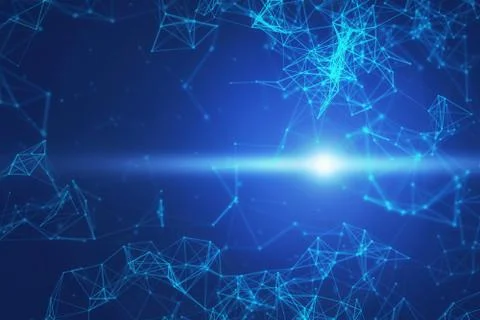 Blue digital data and network connection triangle lines with light flare for  Illustrazione stock