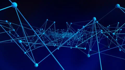 Blue digital data and network connection triangle lines and spheres in techno Stock Photos