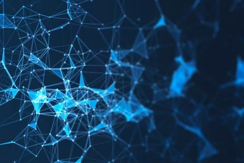 Blue digital data and network connection triangle lines and spheres in futuri Stock Photos