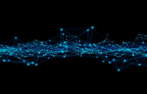 Blue digital data and network connection triangle lines and spheres in futuri Stock Photos