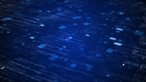 Blue digital data grid background floating panels, code lines, glowing squares, Stock Footage 340477802