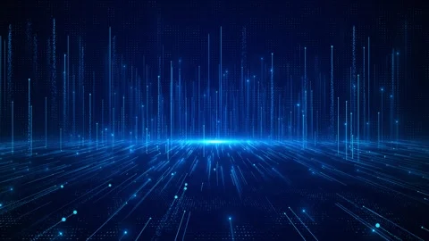 Blue digital data grid glowing vertical bars, center light, dotted floor, futuri Stock Footage 340471734