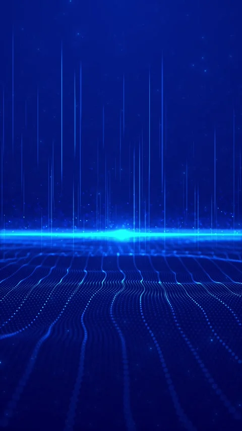 Blue digital data horizon glowing vertical lines, particle waves, grid depth, an Stock Footage 340525181