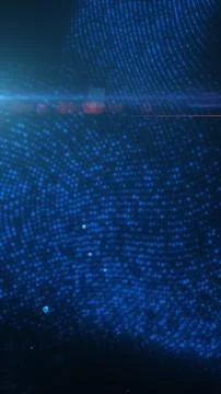 Blue digital data mesh with glowing particle waves, dotted grid structure, .. Illustrazione stock