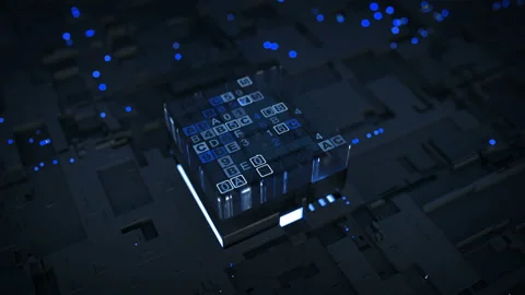 Blue digital data processing and analysis seamless loop 3D render animation Stock Footage 118797552