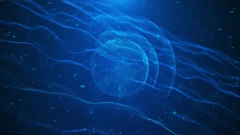 Blue digital data sphere background flowing wave mesh, glowing numbers, deep fut Stock Footage 340453924