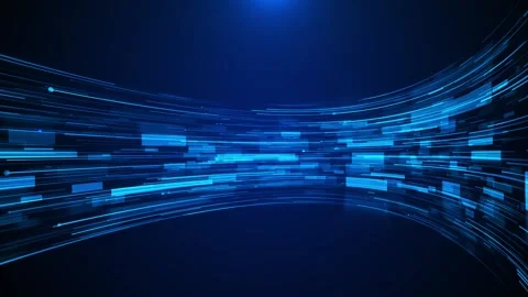 Blue digital data stream background fast cyan lines, blocks, curved motion trail Stock Footage 340452635