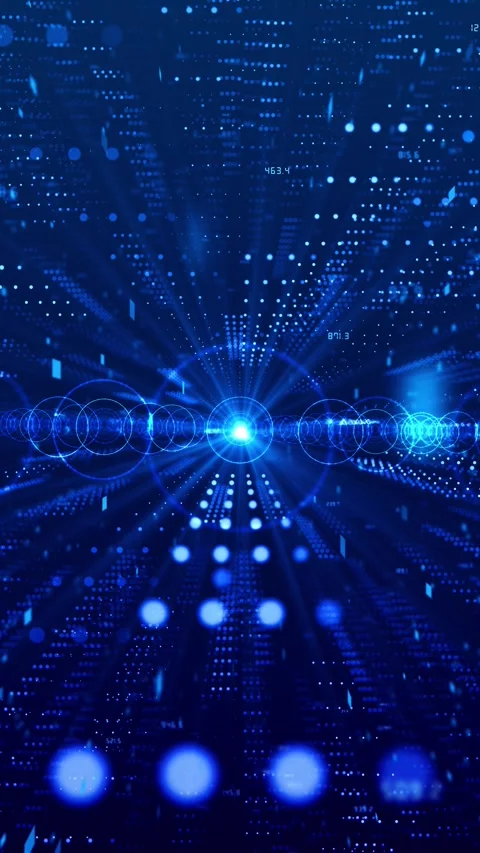 Blue digital data tunnel background with dotted city depth, circular HUD rings, Stock Footage 340552368