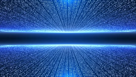 Blue digital data tunnel with glowing particles and perspective lines rushing Stock Footage 331032090