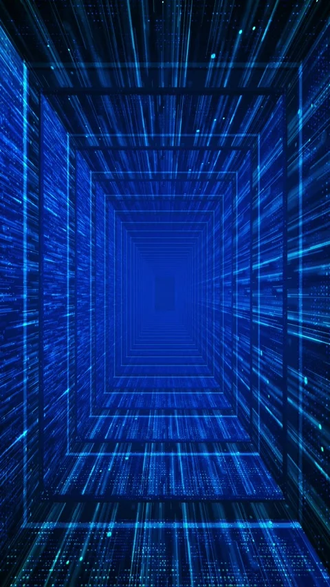 Blue digital data tunnel glowing rectangular frames, fast light streaks, particl Stock Footage 340527087