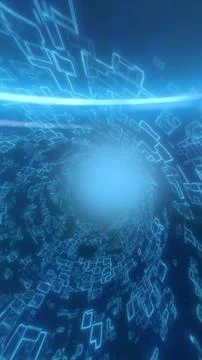 Blue digital data tunnel with glowing circuit shapes forming futuristic cyb.. Stock-Illustration