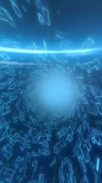 Blue digital data tunnel with glowing circuit shapes forming futuristic cyb.. Stockillustratie